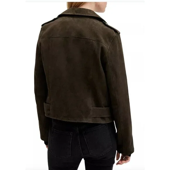 ALL SAINTS $569 Suede Balfern Biker Jacket Size 6 in Tarmac Green